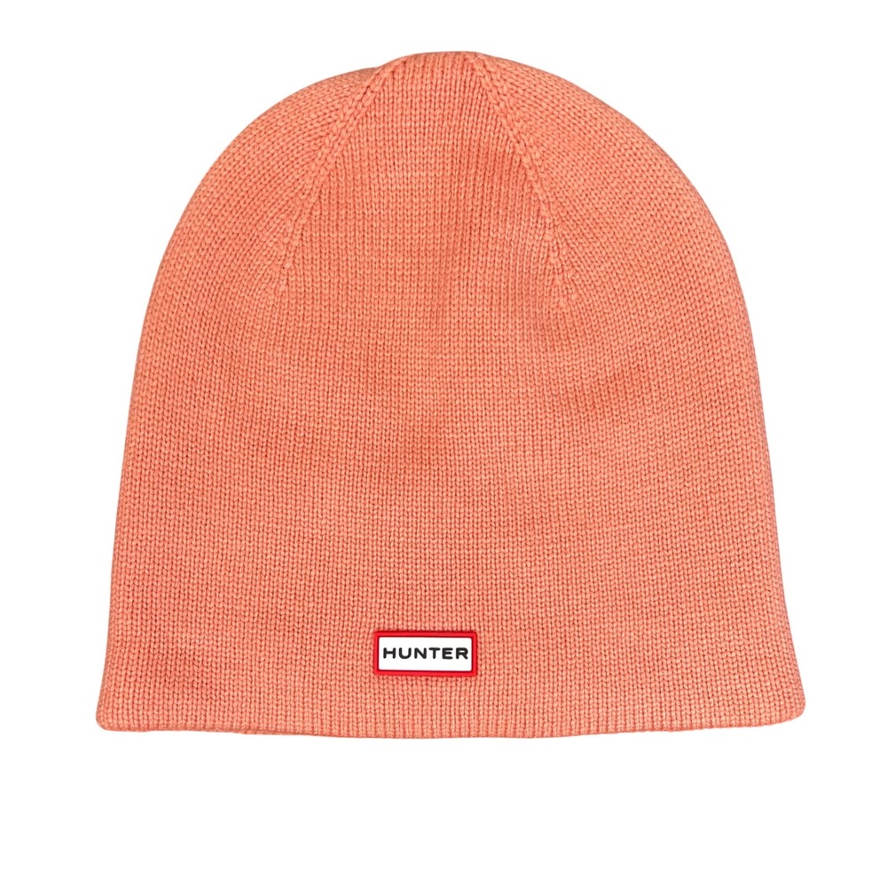 Hunter Original Knit Beanie Hat Coral Pink Rubber Logo Patch Womens One Size